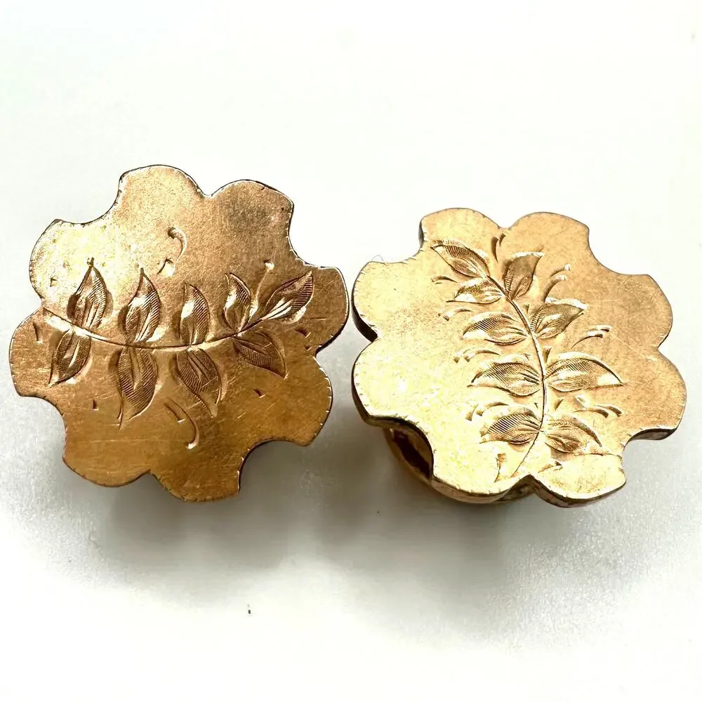 Antique Victorian signed 1880s rose gold filled etched fern leaves cufflinks
